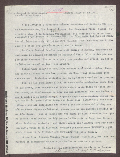 Imagen de Carta de Miguel P. Barragán a Pascual Orozco, Francisco Villa, José de la Luz Blanco y otros