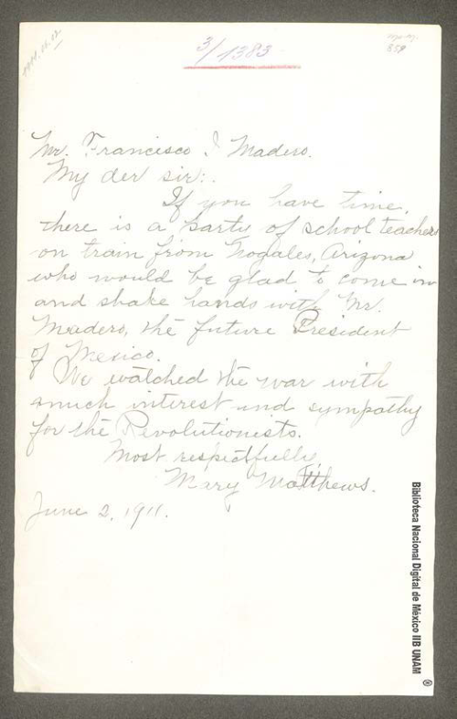 Imagen de Carta de Mary Matthews a Francisco I. Madero sobre el deseo de un grupo de maestros de estrechar la mano del futuro presidente