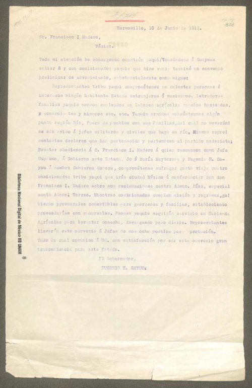 Imagen de Carta de Eugenio H. Gayou a Francisco I. Madero sobre el convenio que concertó con las tribus yaquis
