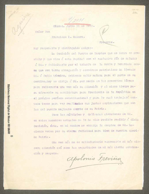 Imagen de Carta de Apolonio Treviño a Francisco I. Madero reiterándole su adhesión y apoyo para la presidencia