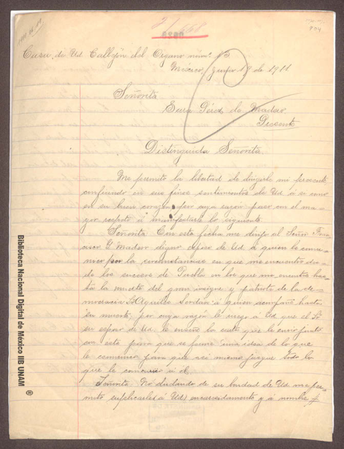 Imagen de Carta de Alfredo A. García a Sara Pérez de Madero suplicando le recomiende como celador en alguna aduana marítima o fronteriza