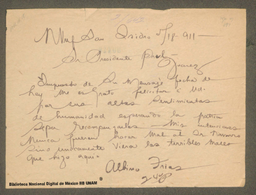 Imagen de Carta de Albino Frías a Francisco I. Madero , no fue su intención dañar a Juan J. Navarro