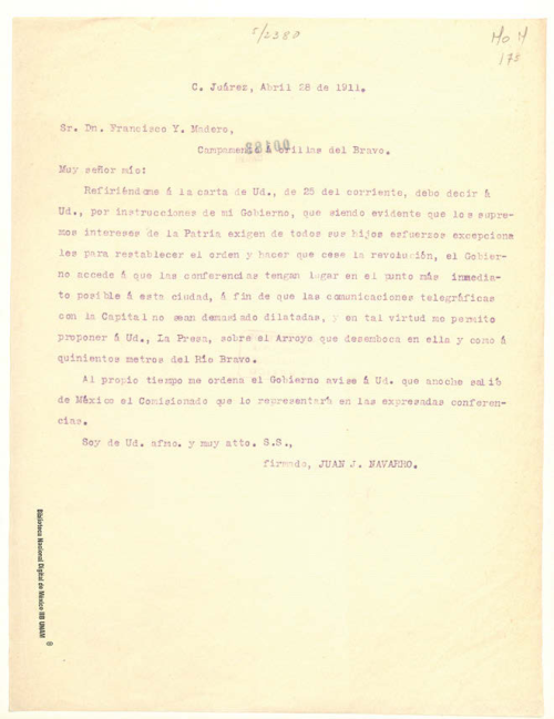 Imagen de Carta de Juan J. Navarro , propone que las conferencias de paz sean llevadas a cabo en La Presa, Chihuahua