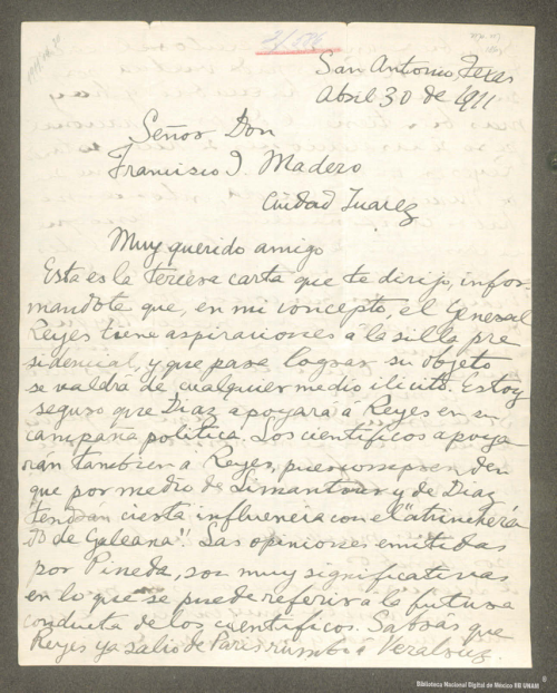 Imagen de Carta de Ernesto Fernández, opina que el general Bernardo Reyes tiene aspiraciones a la silla presidencial
