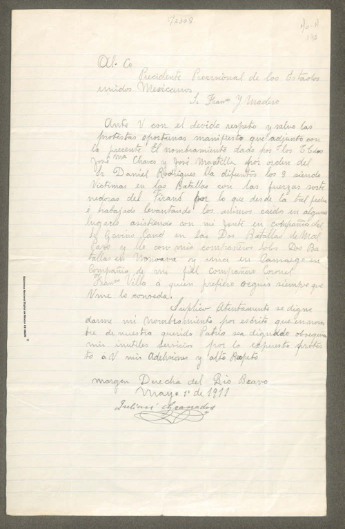 Imagen de Carta de Julián Granados, solicita le de su nombramiento correspondiente para continuar combatiendo al lado de Francisco Villa