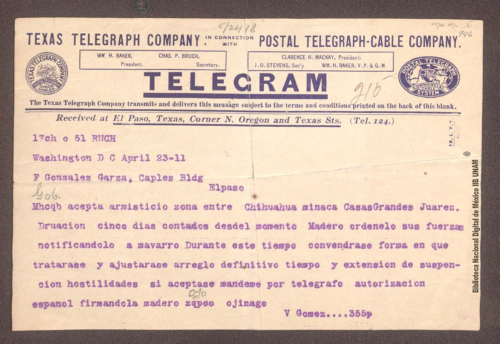 Imagen de Telegrama de Francisco Vázquez Gómez a Federico González informando que el gobierno de Porfirio Díaz aceptó el armisticio de cinco días