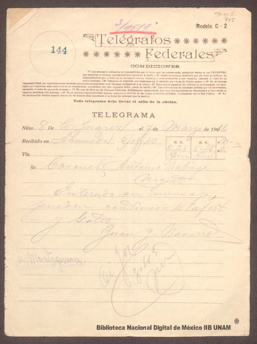 Imagen de Telegrama de Juan J. Navarro a Antonio Rábago ordenándole continuar