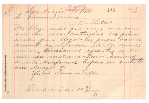 Imagen de Telegrama de Franciso Villa a Francisco I. Madero informando que una comisión que trae armas le pidió su ayuda y él se la dio