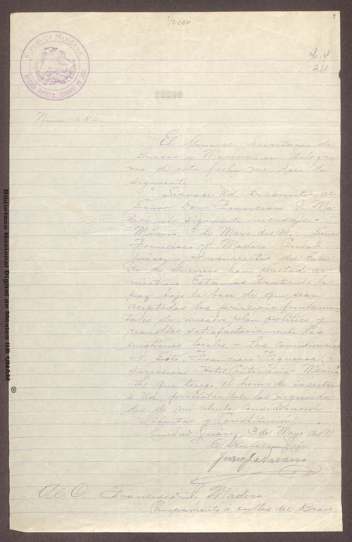 Imagen de Carta de Juan J. Navarro, el Secretario de Guerra y Marina le pidió que le informara que el Estado de Guerrero aceptó el armisticio