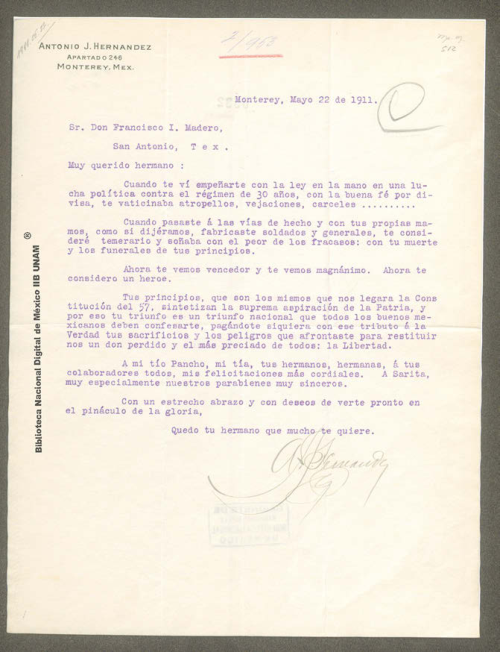 Imagen de Carta de Antonio J. Hernández con motivo de felicitaciones