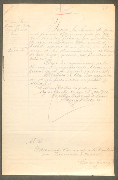 Imagen de Carta de Santos R. Caloca informando sobre su nombramiento como administrador de correos