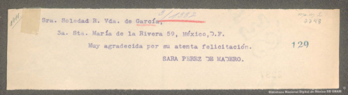 Imagen de Telegrama de Sara Pérez de Madero a Soledad R. viuda de García agradeciendo su felicitación