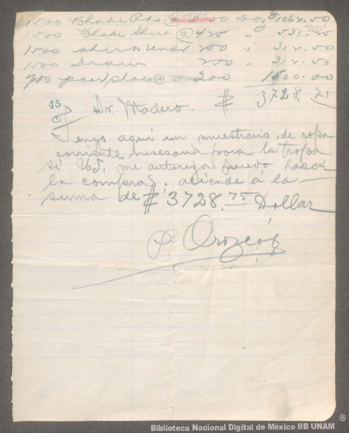 Imagen de Carta de Pascual Orozco a Francisco I. Madero informando el costo de la ropa para la tropa