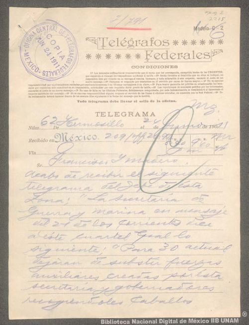 Imagen de Telegrama de Eugenio H. Gayou a Francisco I. Madero solicitando que no se den de baja todas las tropas
