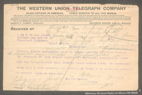 Imagen de Telegrama de Emilio Madero a Francisco I. Madero informando que es reconocido como jefe y que tiene a su mando ocho mil personas
