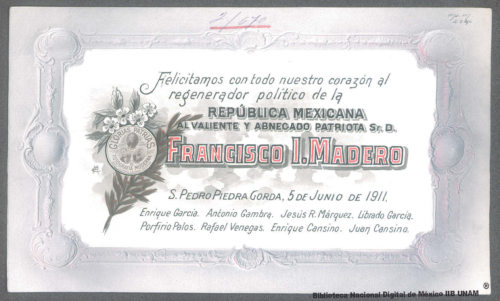 Imagen de Telegrama de Enrique García a Francisco I. Madero, felicitándolo
