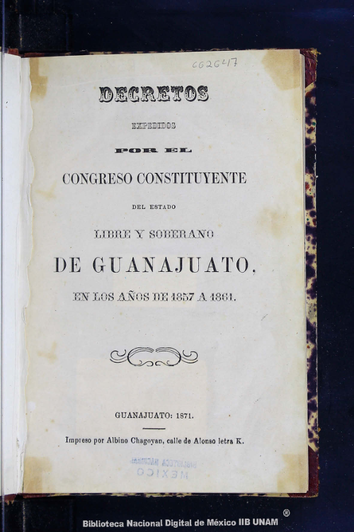 Imagen de Decretos expedidos por el Primer Congreso Constitucional del Estado libre y soberano de Guanajuato en los años de 1861 y 1862