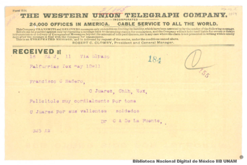 Imagen de Telegrama para Francisco I. Madero con motivo de felicitaciones