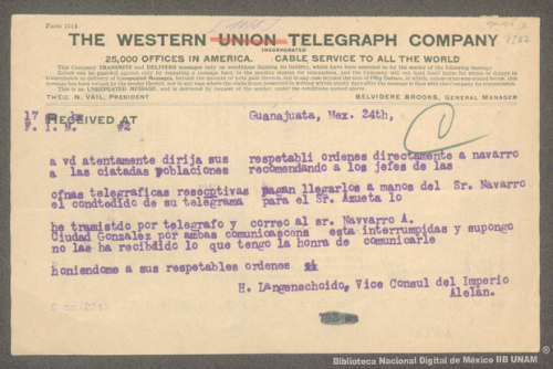 Imagen de Telegrama de H. Langenschoido a Francisco I. Madero informando que Navarro solo obedecerá sus órdenes directas