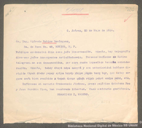 Imagen de Telegrama de Francisco I. Madero a Alfredo Robles Domínguez instruyendo poner en libertad a Crescencio Jiménez y Juan Sarabia Ulúa
