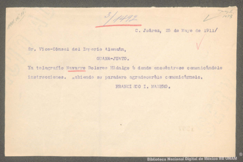 Imagen de Telegrama de Francisco I. Madero a H. Langenscheidt preguntando por el paradero de Juan J. Navarro para darle instrucciones