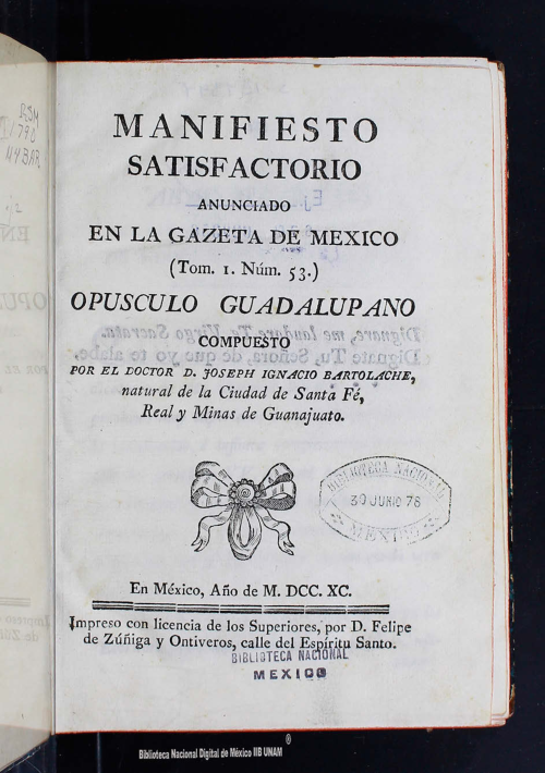 Imagen de Manifiesto satisfactorio anunciado en la Gaceta de México, t. 1, no. 53: opusculo Guadalupano