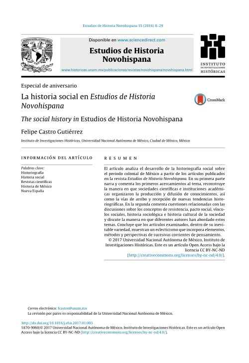 Imagen de La historia social en Estudios de Historia Novohispana (propio), The social history in Estudios de Historia Novohispana (alternativo)
