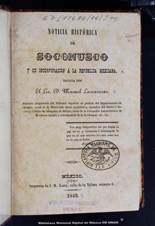 Imagen de Noticia histórica de Soconusco y su incorporación a la República Mexicana