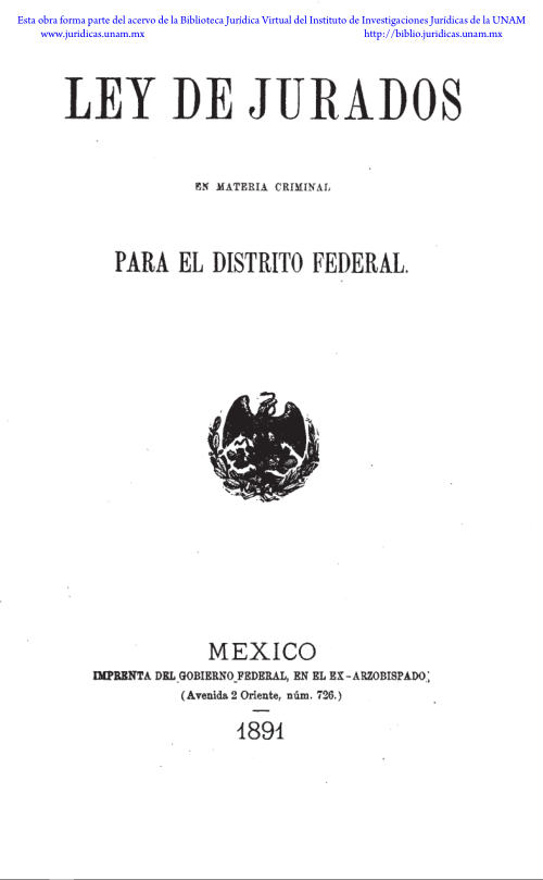 Imagen de Ley de jurados en materia criminal para el Distrito Federal. Colección Jorge Denegre-Vaught Peña (propio)