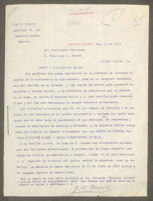 Imagen de Carta de Juan B. Duarte a Francisco I. Madero felicitándolo por la toma de Ciudad Juárez