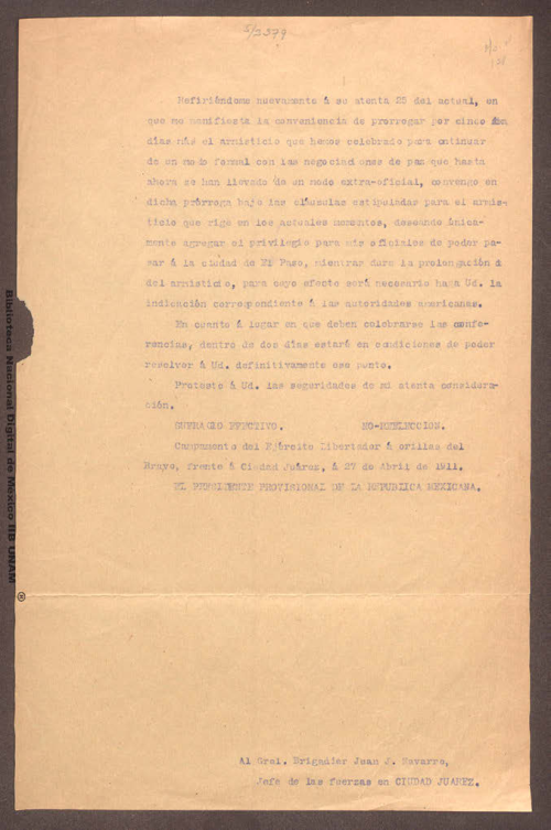 Imagen de Carta de Francisco I. Madero al general brigadier Juan J. Navarro