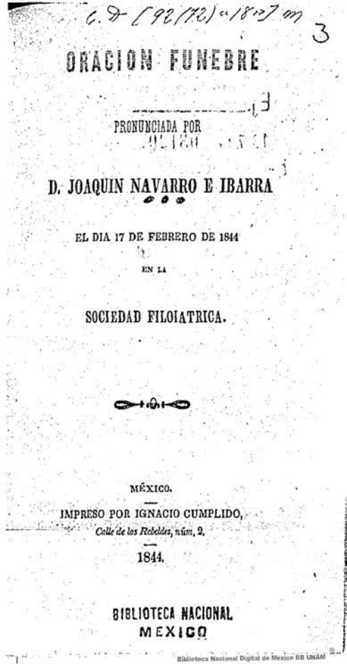 Imagen de Oración fúnebre pronunciada por D Joaquín Navarro e Ibarra el día 17 de febrero de 1844 en la sociedad filoiatrica