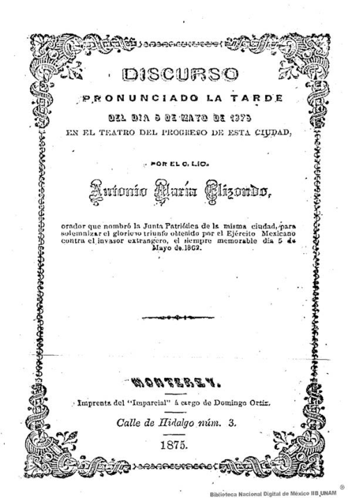 Imagen de Discurso pronunciado la tarde del día 5 de mayo de 1875 en el teatro del progreso de esta ciudad