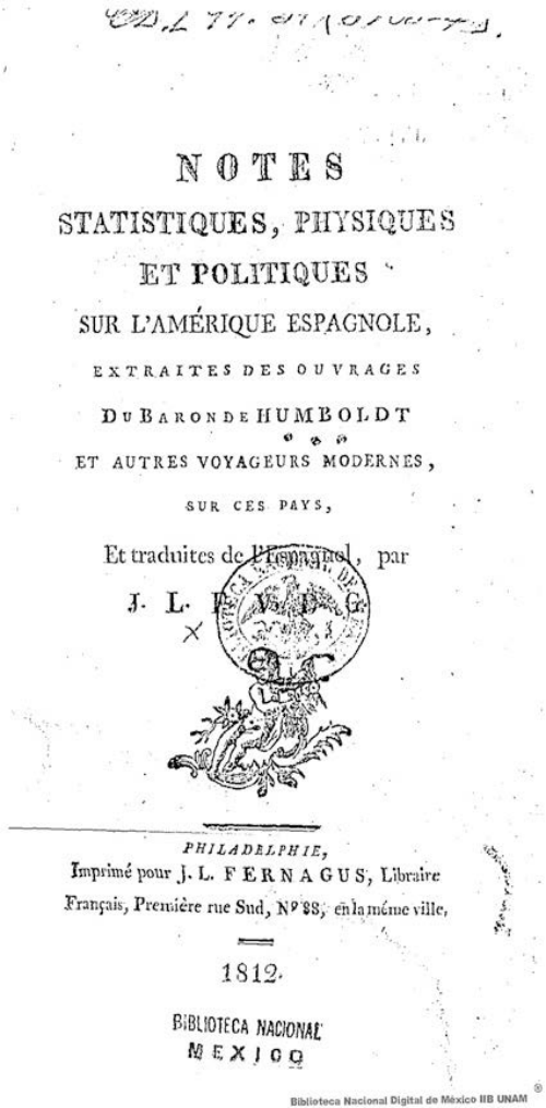 Imagen de Notes statistiques, physiques et politiques sur LAmérique espagnole, extraites des ouvrages du Baron de Humboldt et Austres voyageurs modernes, sur ces pays