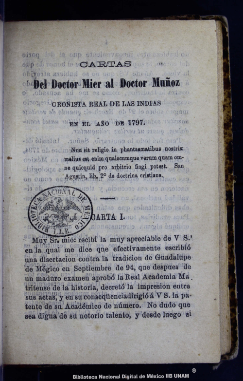 Imagen de Cartas del doctor fray Servando Teresa de Mier al cronista de Indias doctor D Juan Bautista Muñoz, sobre la tradición de Ntra Sra de Guadalupe de México escritas desde Burgos año de 1797
