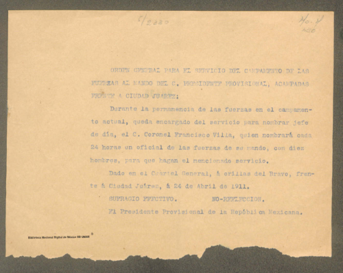 Imagen de Orden general de Francisco I. Madero para el servicio del campamento