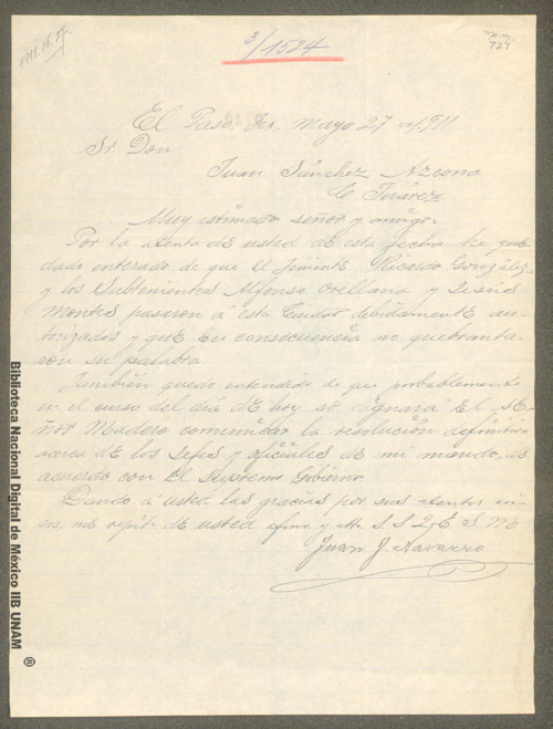 Imagen de Carta de Juan J. Navarro a Juan Sánchez Azcona sobre el paso de los tenientes Ricardo González y los subtenientes Alfonso Orellana y Jesús Montes a esta ciudad
