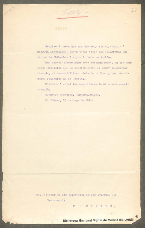Imagen de Carta de Francisco I. Madero al Director de los Telégrafos suplicándole deje pasar los telegramas que vengan de Chihuahua