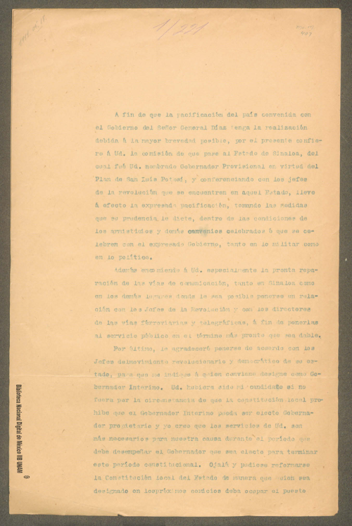 Imagen de Carta de Francisco I. Madero a Manuel Bonilla en la que le recomienda la pacificación del Estado de Sinaloa