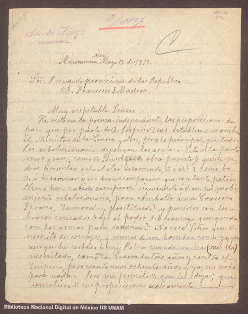 Imagen de Carta de Silvestre López a Francisco I. Madero en la que le aconseja la renuncia de Porfirio Díaz